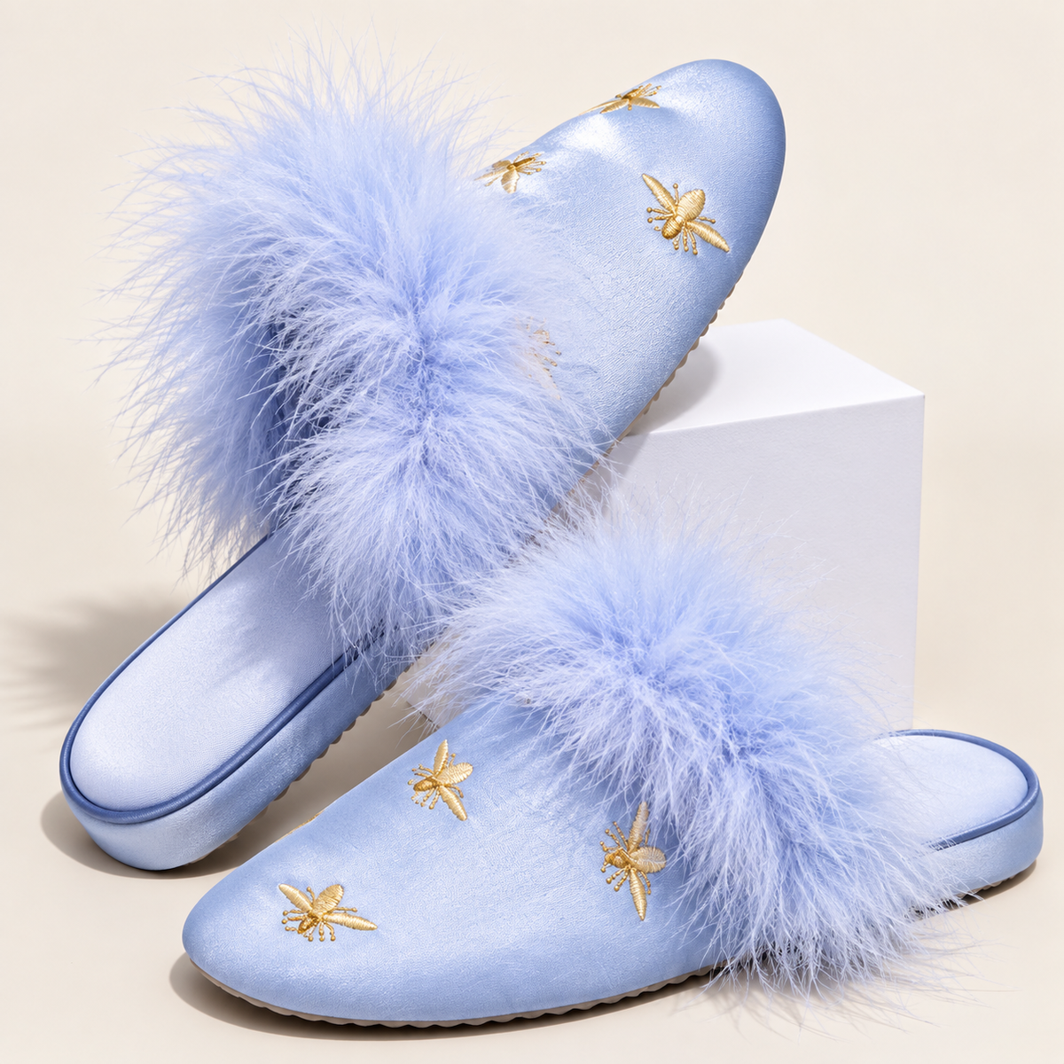 Marie Satin Feathered Slippers