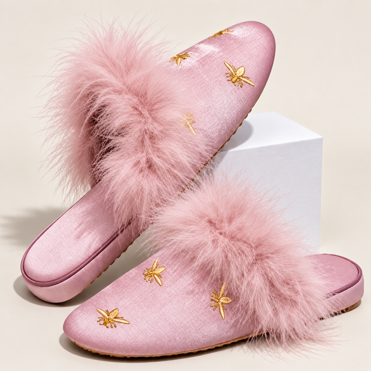 Marie Satin Feathered Slippers