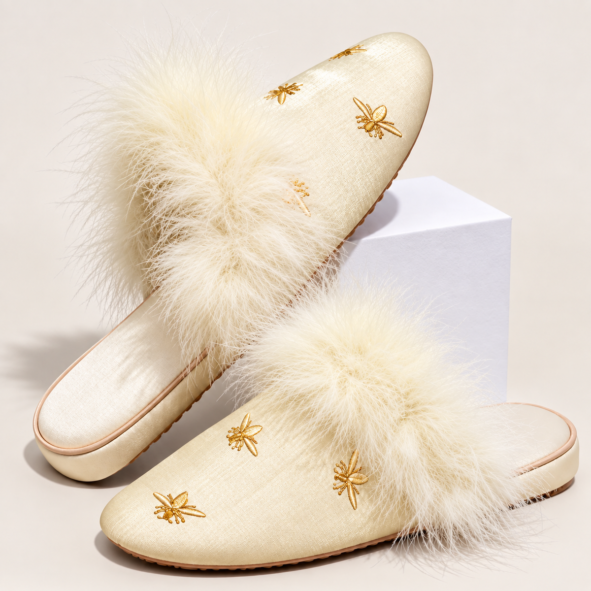 Marie Satin Feathered Slippers