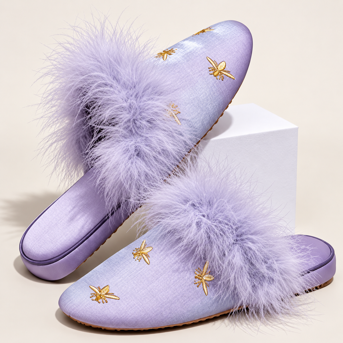 Marie Satin Feathered Slippers