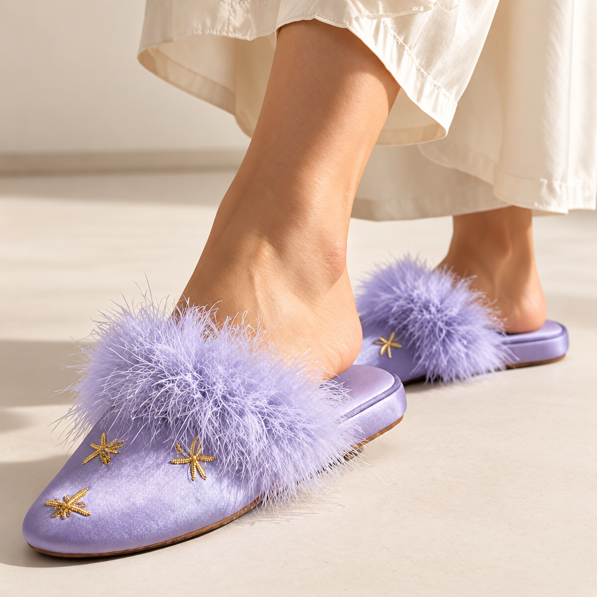 Marie Satin Feathered Slippers
